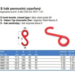 S hák vysokopevnostný uzavretý, 12mm, 0,3t, červený lak
