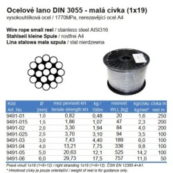 Lano z nehrdzavejúcej ocele 1x19, nehrdz. oceľ A4, malá cievka, 1mm
