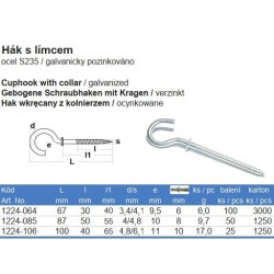 Hák s golierom, 3,4x40mm, Zn
